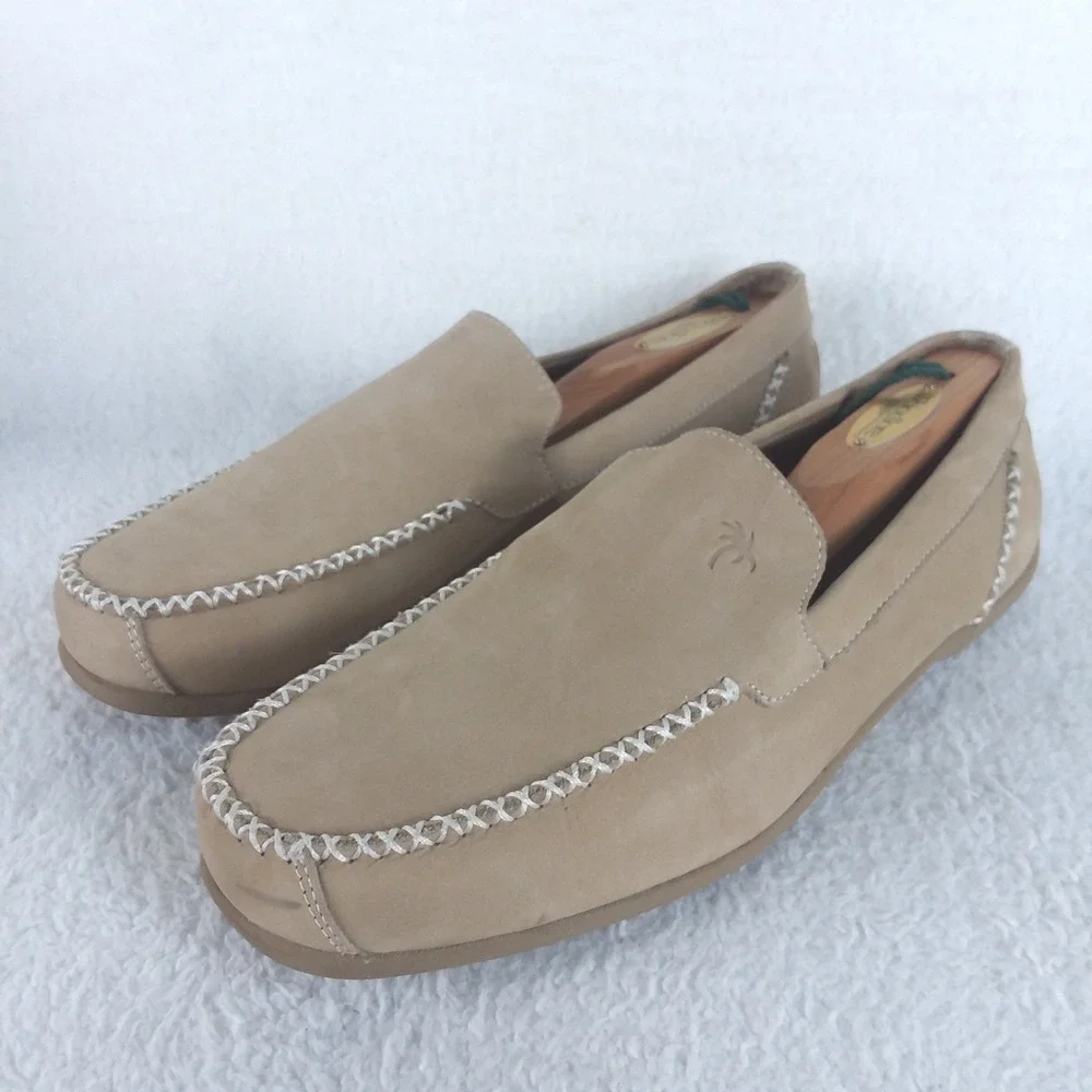 Margaritaville Venice Mens 10 Loafer Shoes Tan Suede Palm Tree Logo Boat Coastal